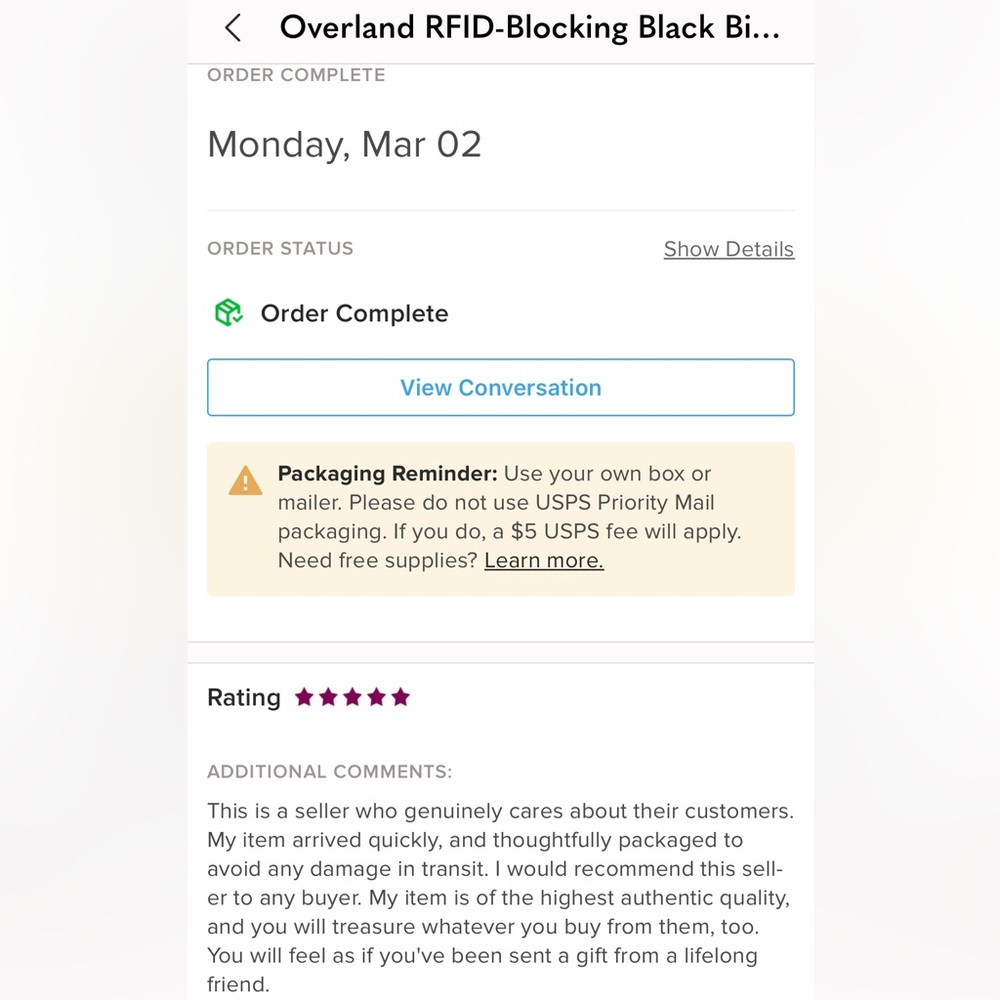 Order Complete Screenshot with 5-Star Rating